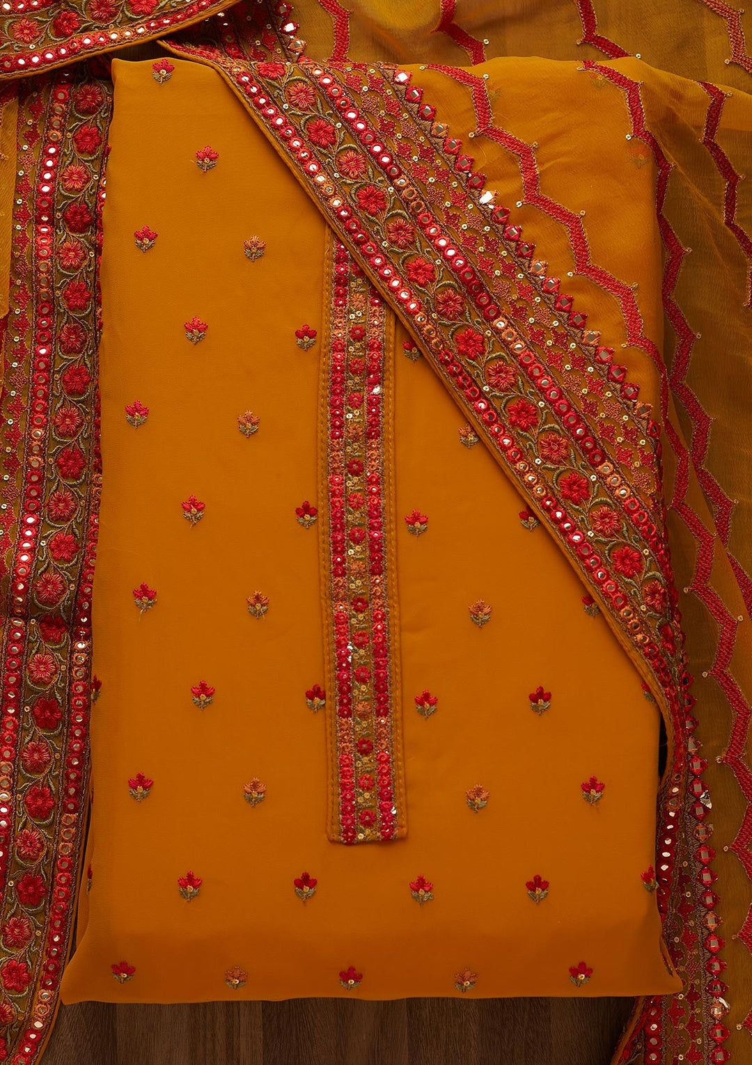 Mustard Threadwork Georgette  Unstitched Salwar Suit - Koskii