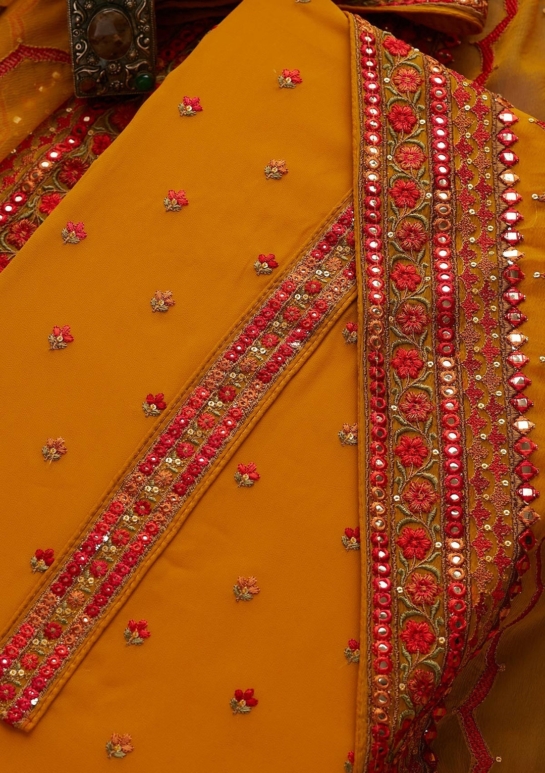 Mustard Threadwork Georgette  Unstitched Salwar Suit - Koskii