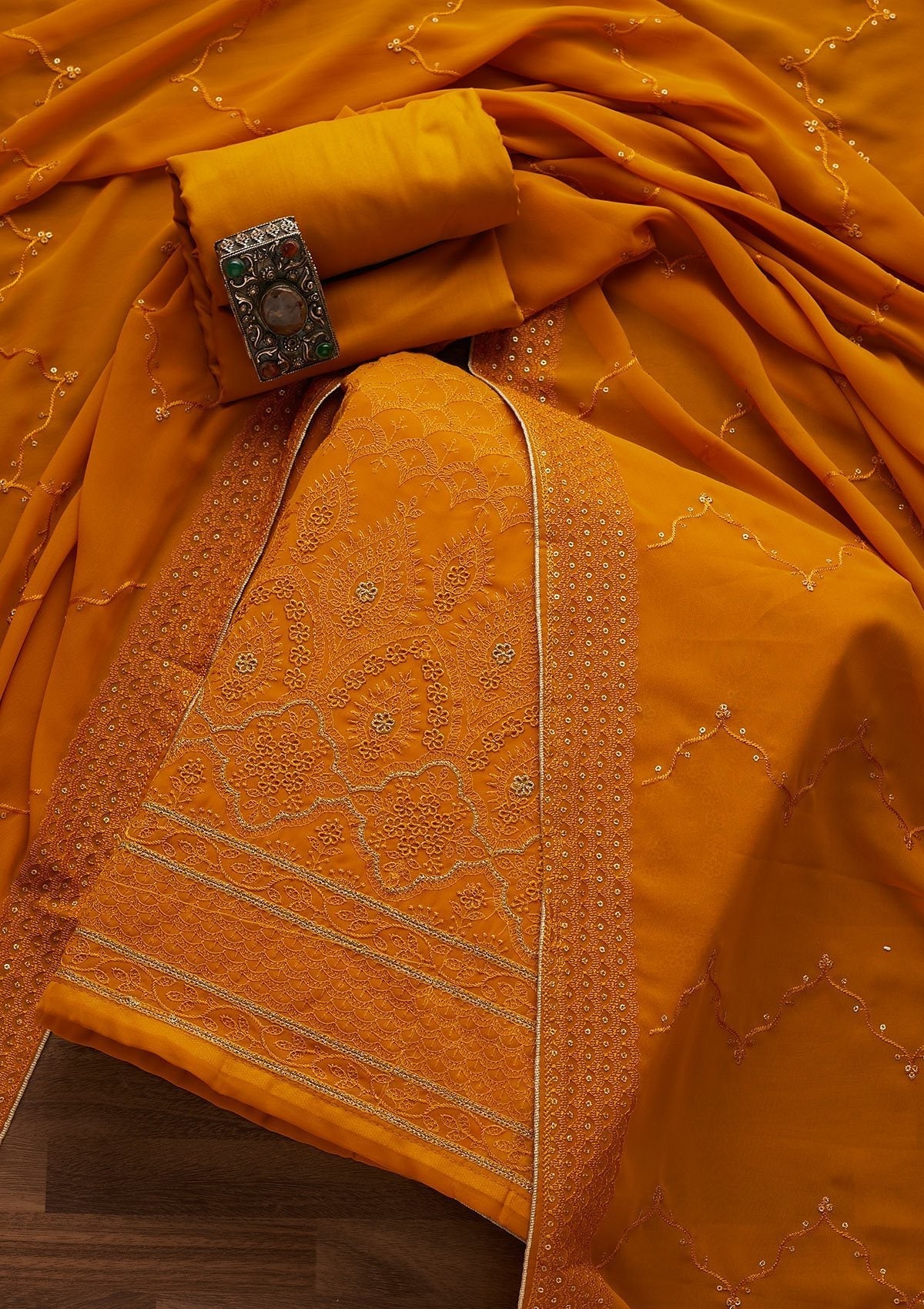 Mustard Threadwork Georgette Designer Unstitched Salwar Suit - Koskii