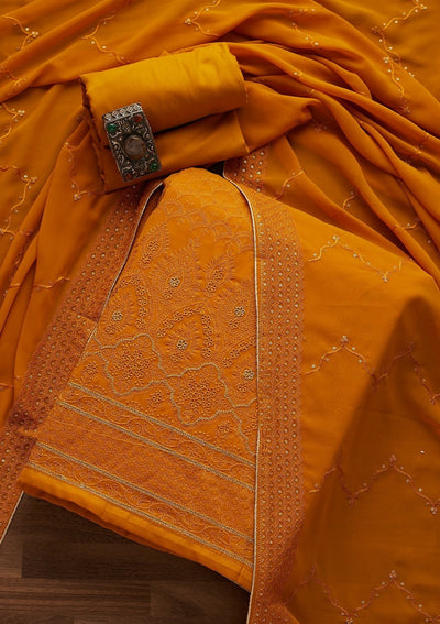 Mustard Threadwork Georgette Designer Unstitched Salwar Suit - Koskii