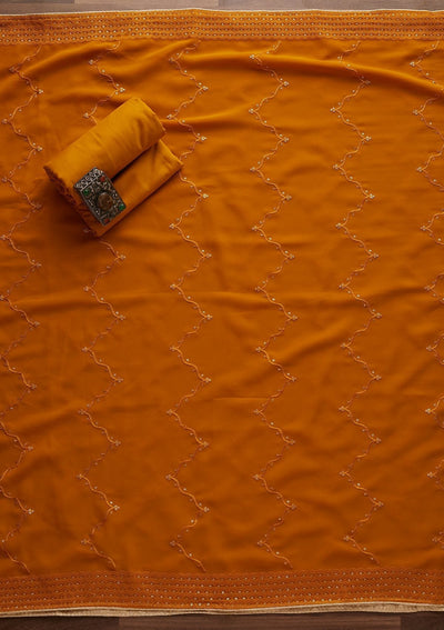 Mustard Threadwork Georgette Designer Unstitched Salwar Suit - Koskii