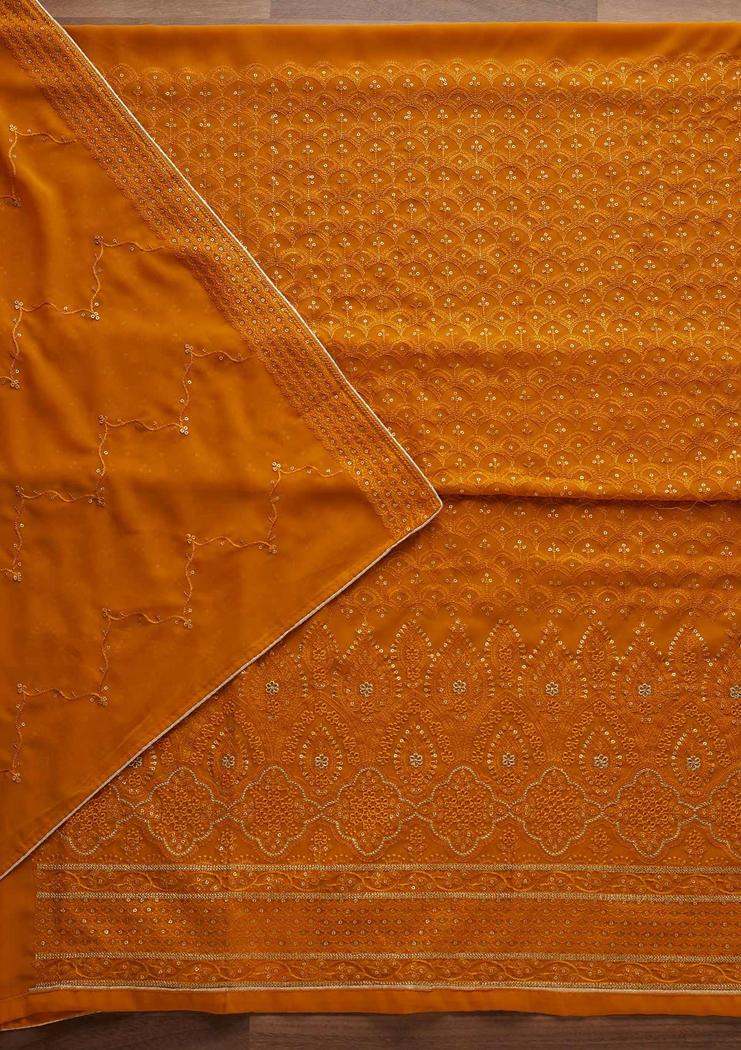 Mustard Threadwork Georgette Designer Unstitched Salwar Suit - Koskii