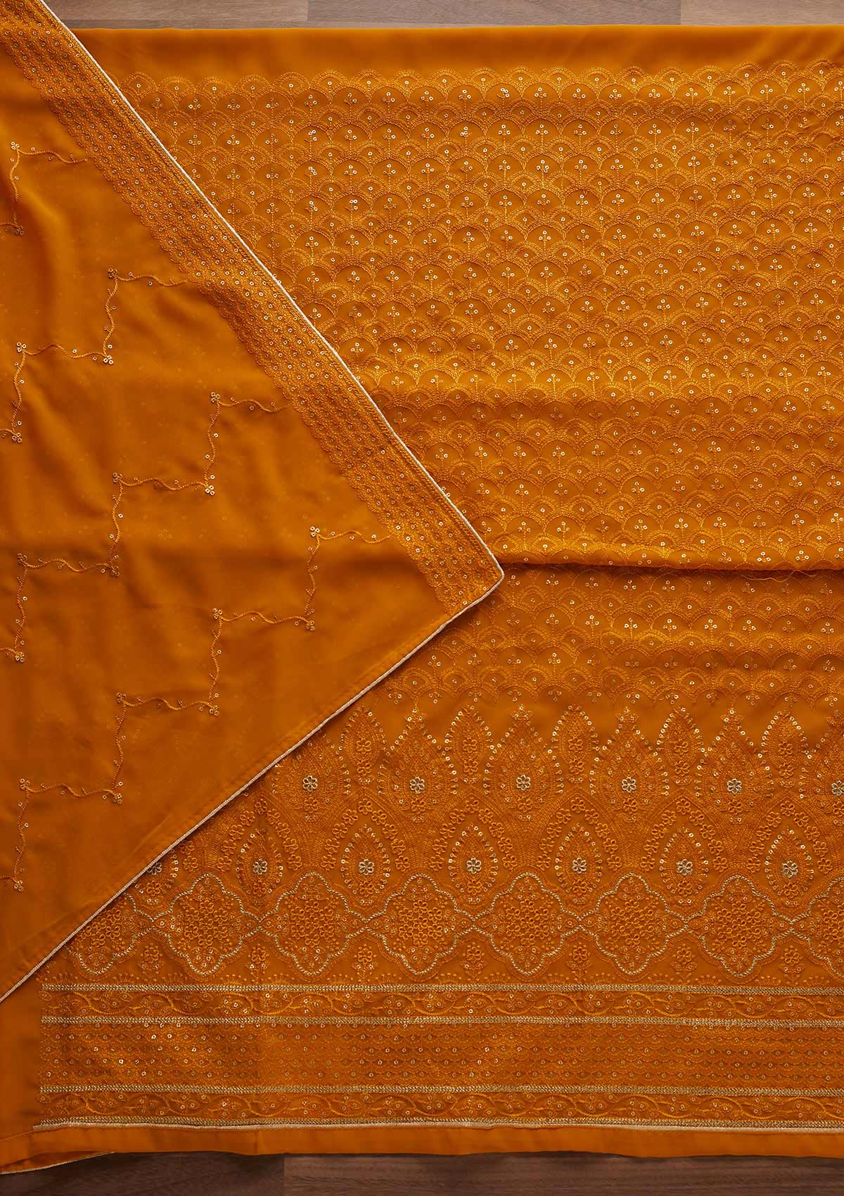 Mustard Threadwork Georgette Designer Unstitched Salwar Suit - Koskii