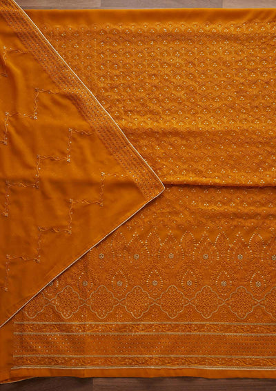 Mustard Threadwork Georgette Designer Unstitched Salwar Suit - Koskii