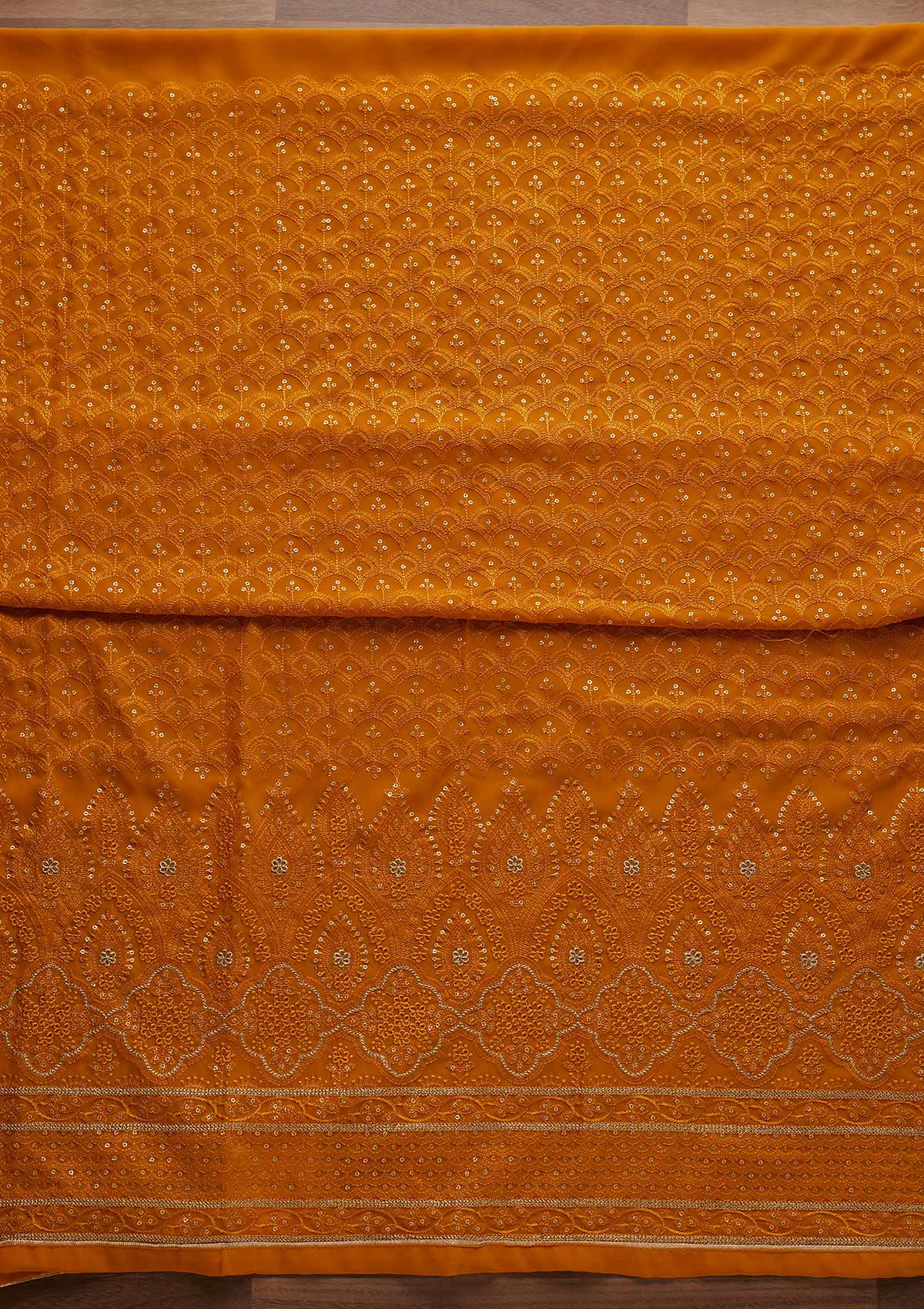 Mustard Threadwork Georgette Designer Unstitched Salwar Suit - Koskii