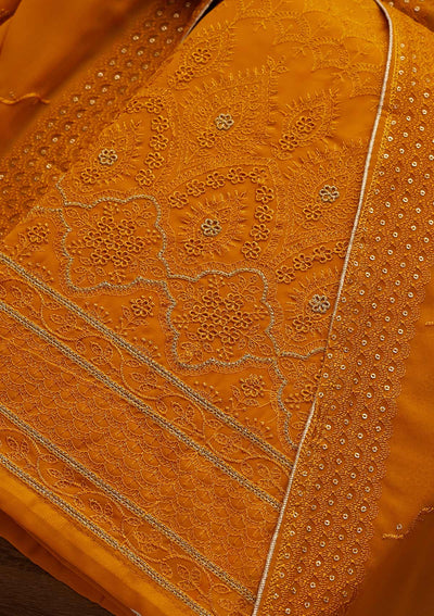 Mustard Threadwork Georgette Designer Unstitched Salwar Suit - Koskii