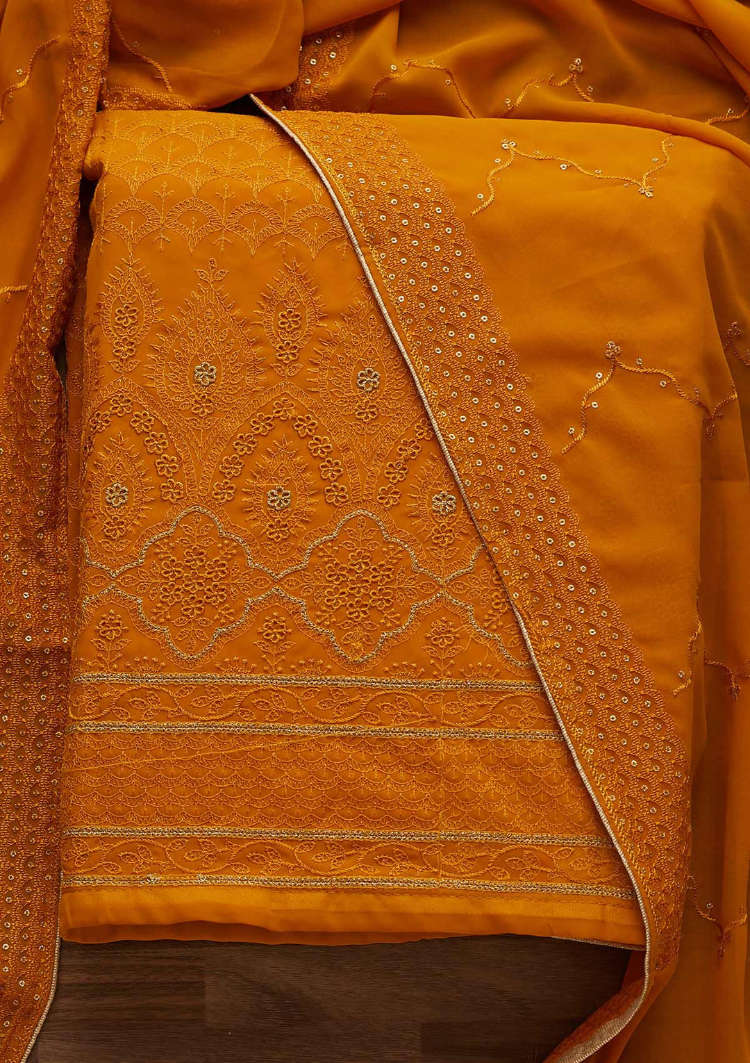Mustard Threadwork Georgette Designer Unstitched Salwar Suit - Koskii