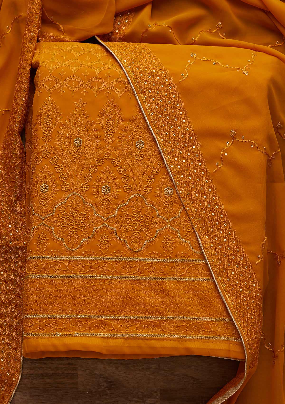 Mustard Threadwork Georgette Designer Unstitched Salwar Suit - Koskii