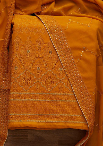 Mustard Threadwork Georgette Designer Unstitched Salwar Suit - Koskii