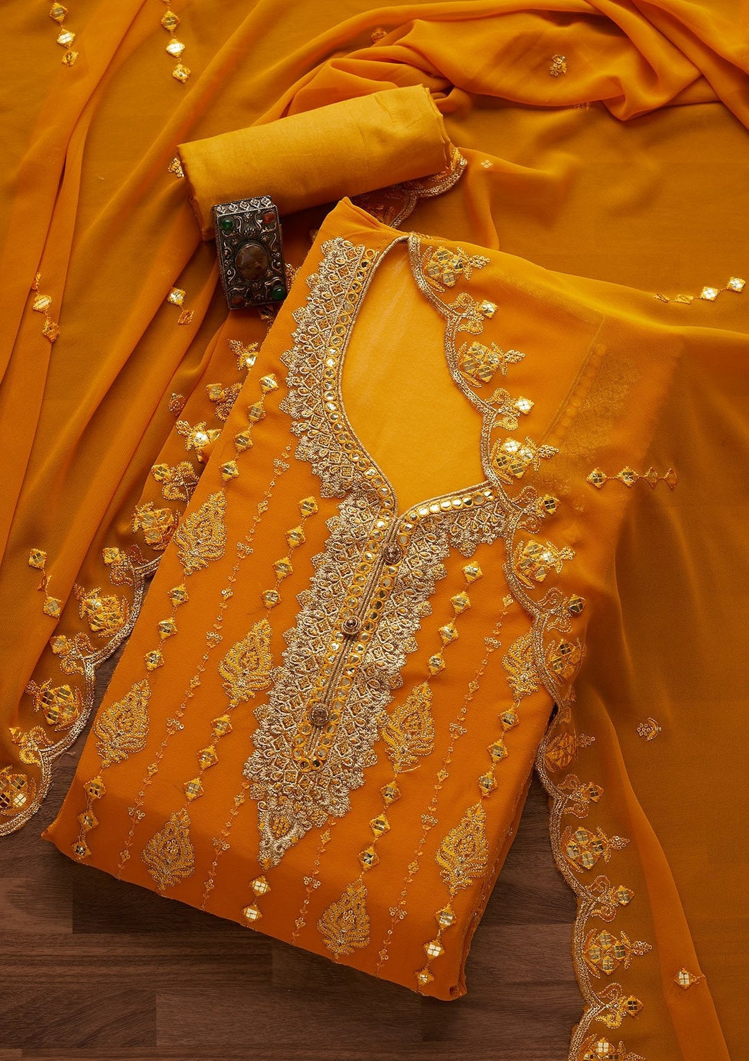 Mustard Threadwork Georgette Designer Unstitched Salwar Suit - Koskii