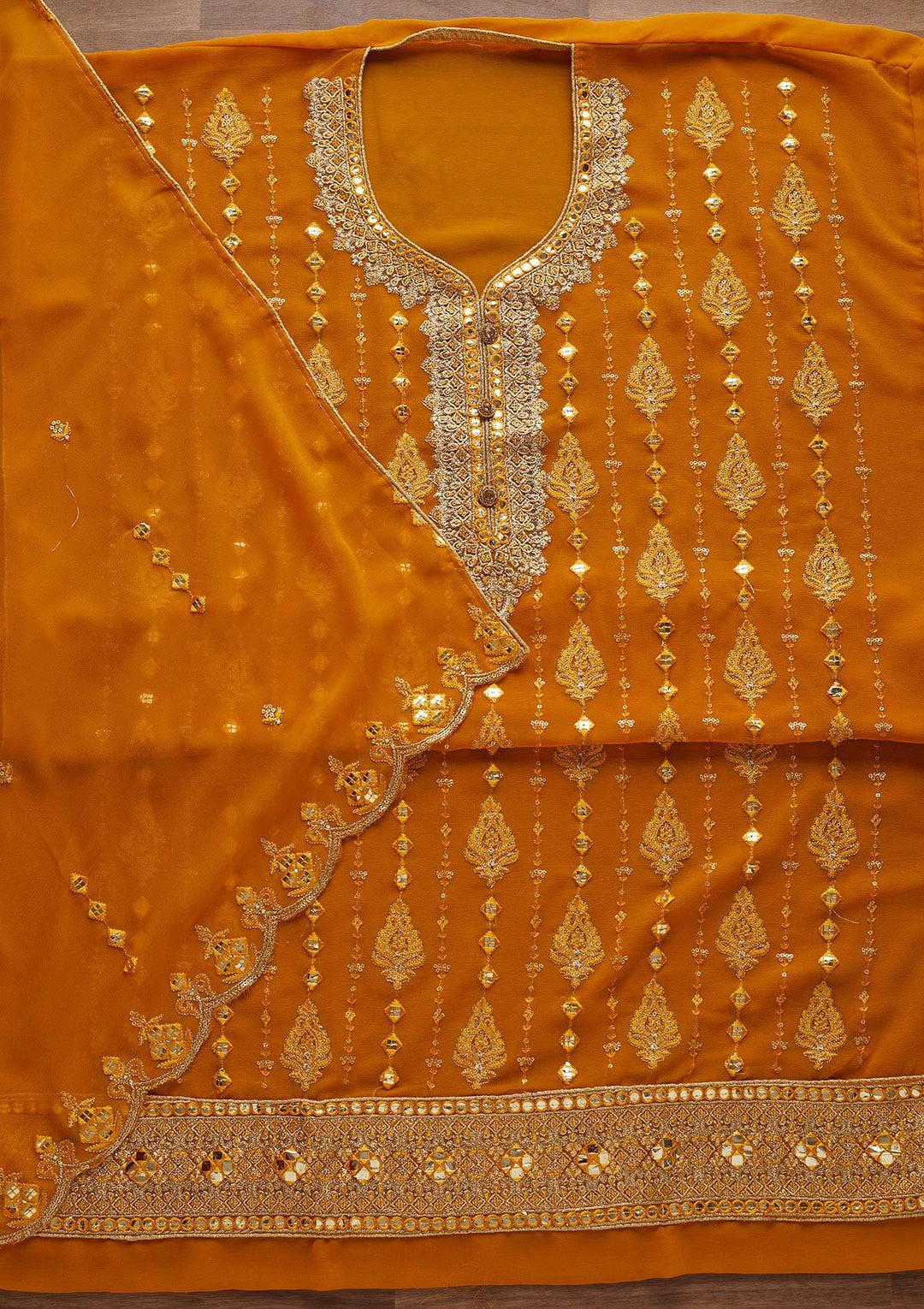 Mustard Threadwork Georgette Designer Unstitched Salwar Suit - Koskii