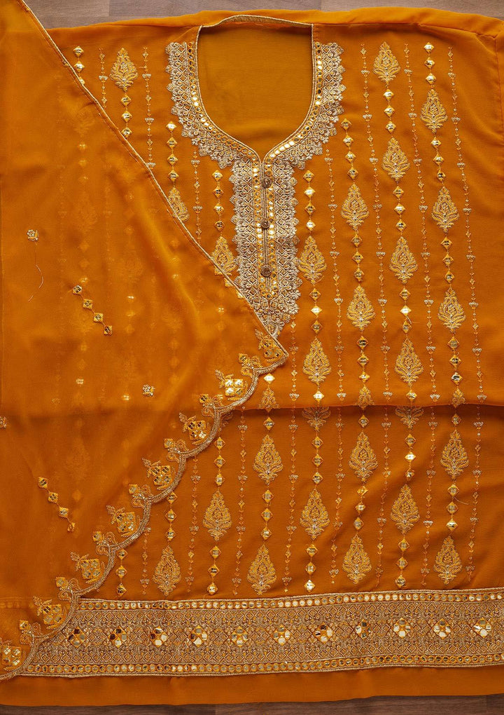 Mustard Threadwork Georgette Designer Unstitched Salwar Suit - Koskii