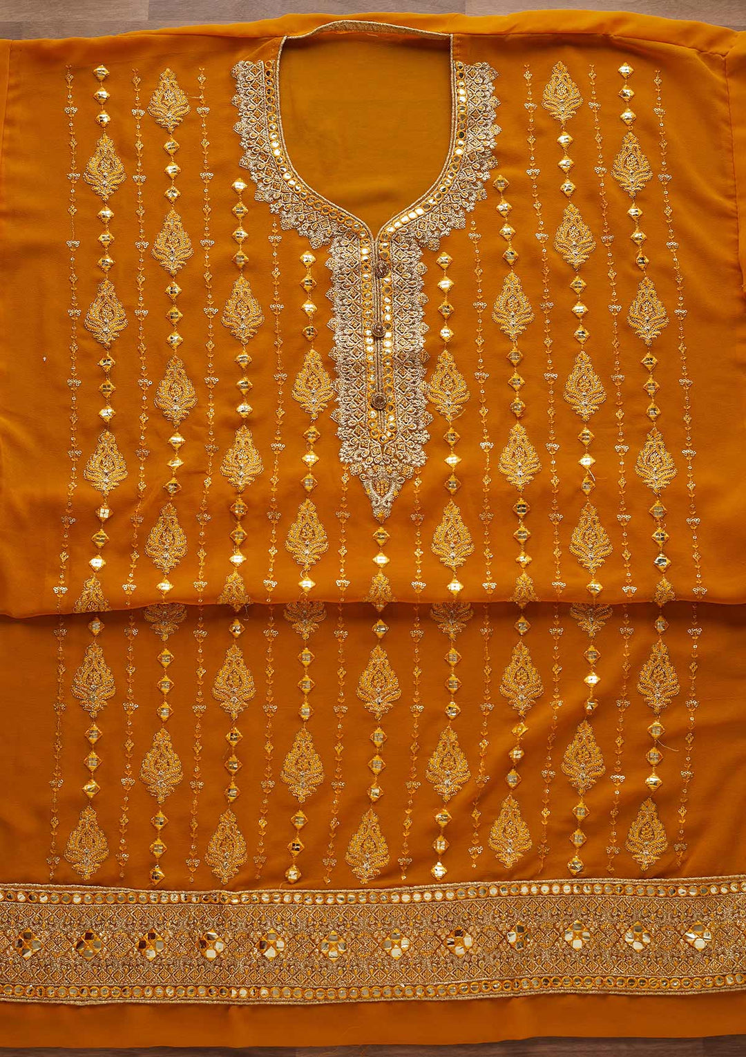 Mustard Threadwork Georgette Designer Unstitched Salwar Suit - Koskii