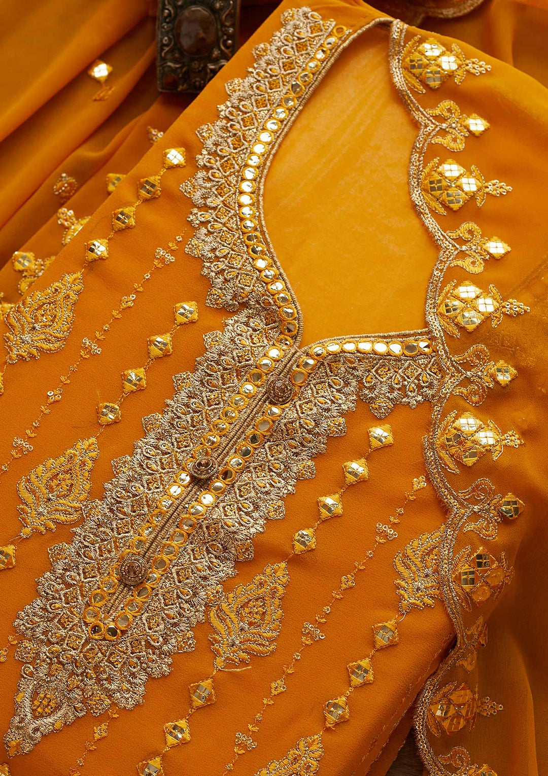 Mustard Threadwork Georgette Designer Unstitched Salwar Suit - Koskii