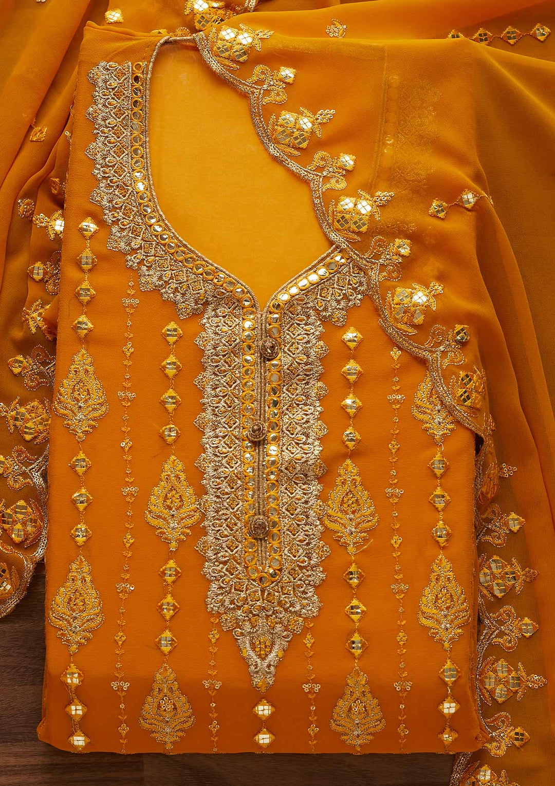 Mustard Threadwork Georgette Designer Unstitched Salwar Suit - Koskii