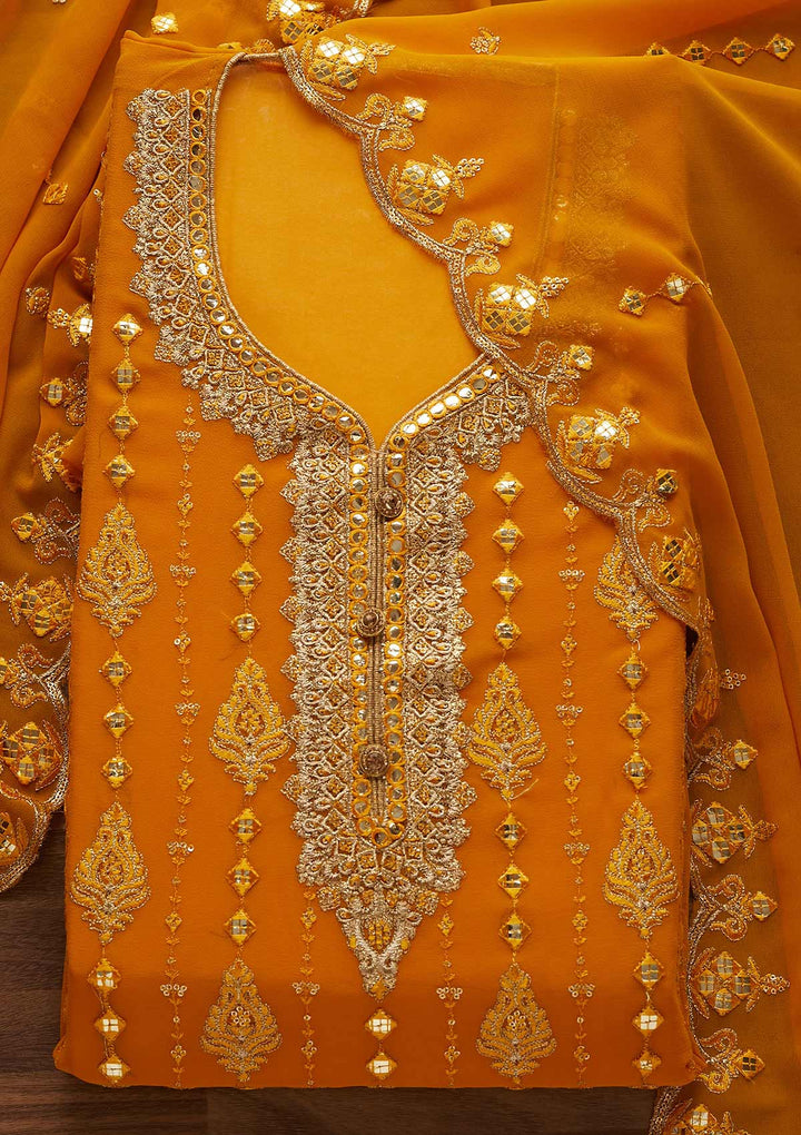 Mustard Threadwork Georgette Designer Unstitched Salwar Suit - Koskii
