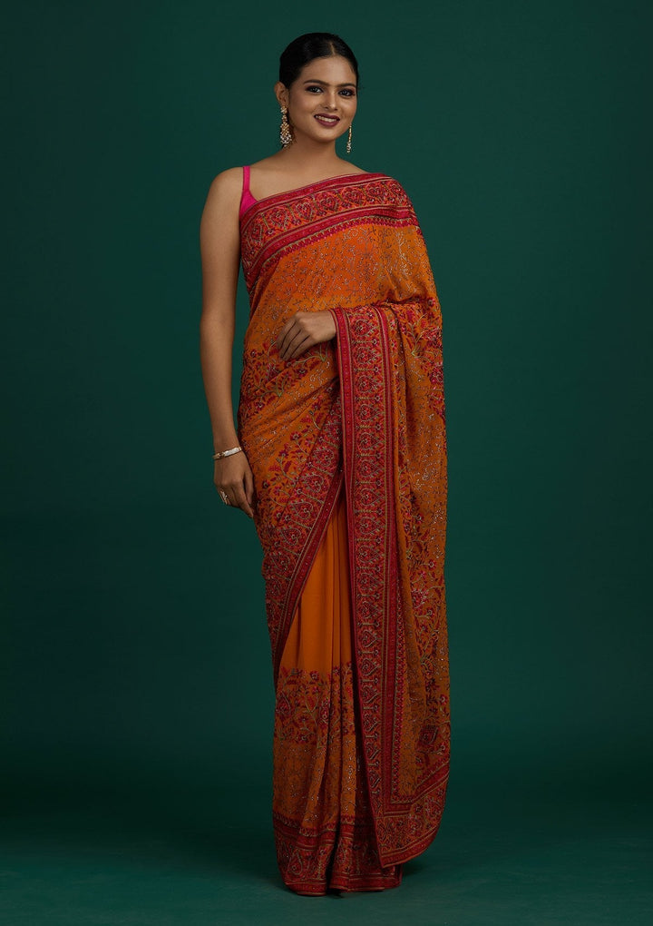 Mustard Threadwork Georgette Designer Saree - Koskii