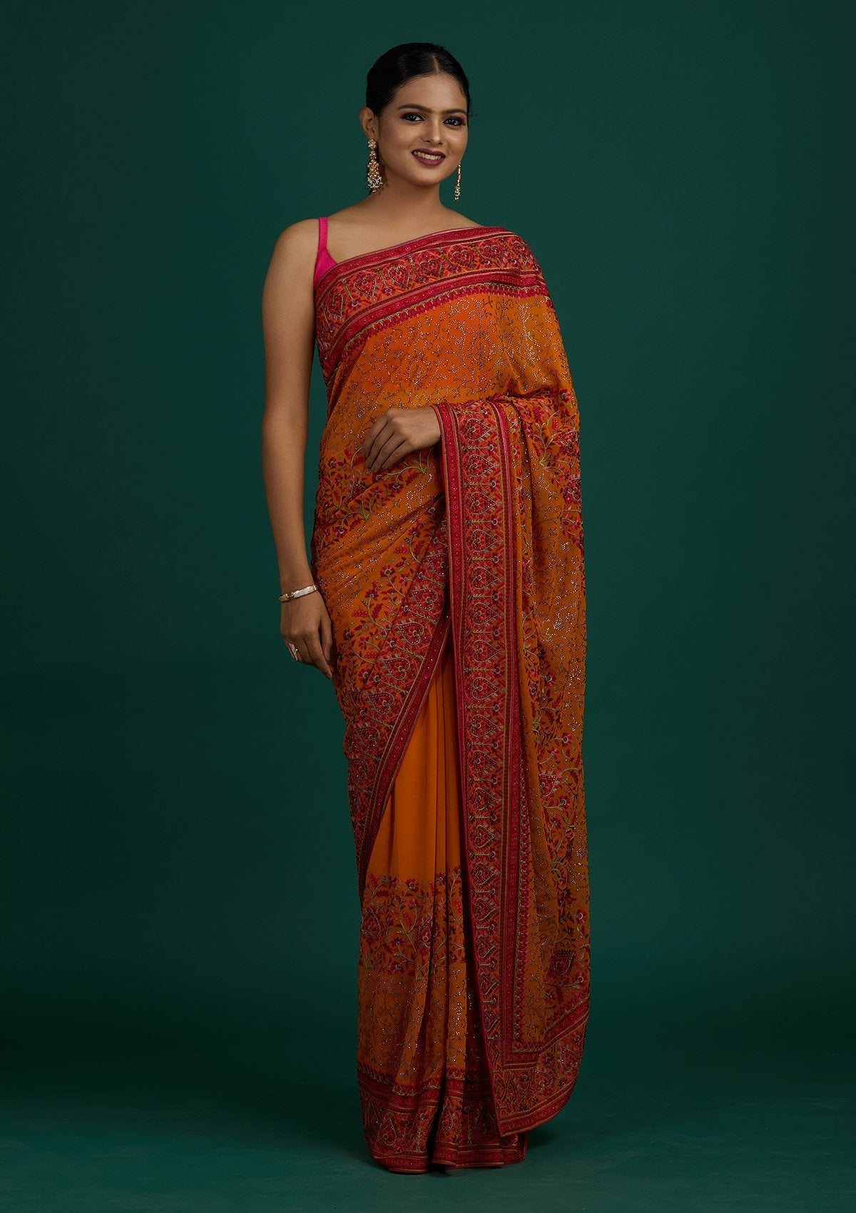 Mustard Threadwork Georgette Designer Saree - Koskii