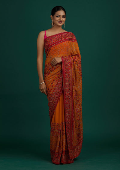 Mustard Threadwork Georgette Designer Saree - Koskii