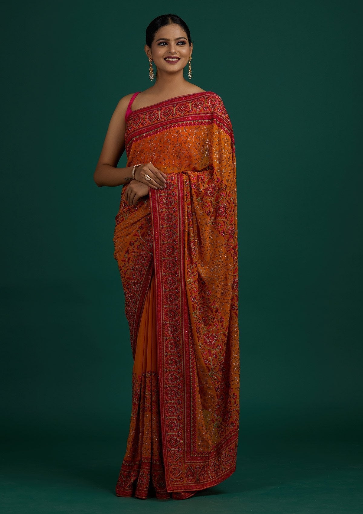 Mustard Threadwork Georgette Designer Saree - Koskii
