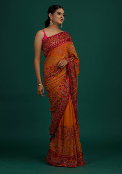 Mustard Threadwork Georgette Designer Saree - Koskii