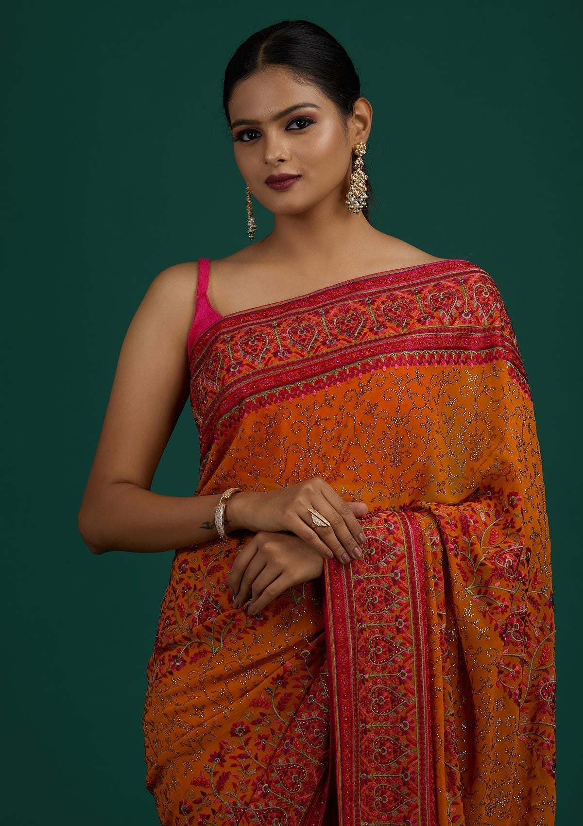 Mustard Threadwork Georgette Designer Saree - Koskii