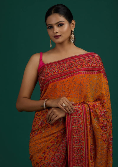 Mustard Threadwork Georgette Designer Saree - Koskii
