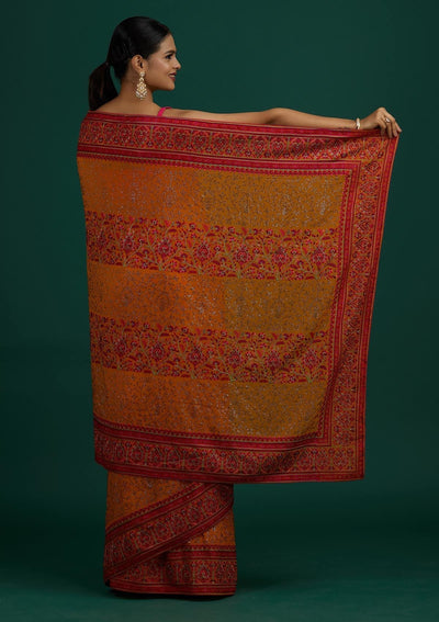 Mustard Threadwork Georgette Designer Saree - Koskii