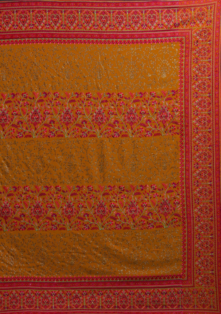 Mustard Threadwork Georgette Designer Saree - Koskii