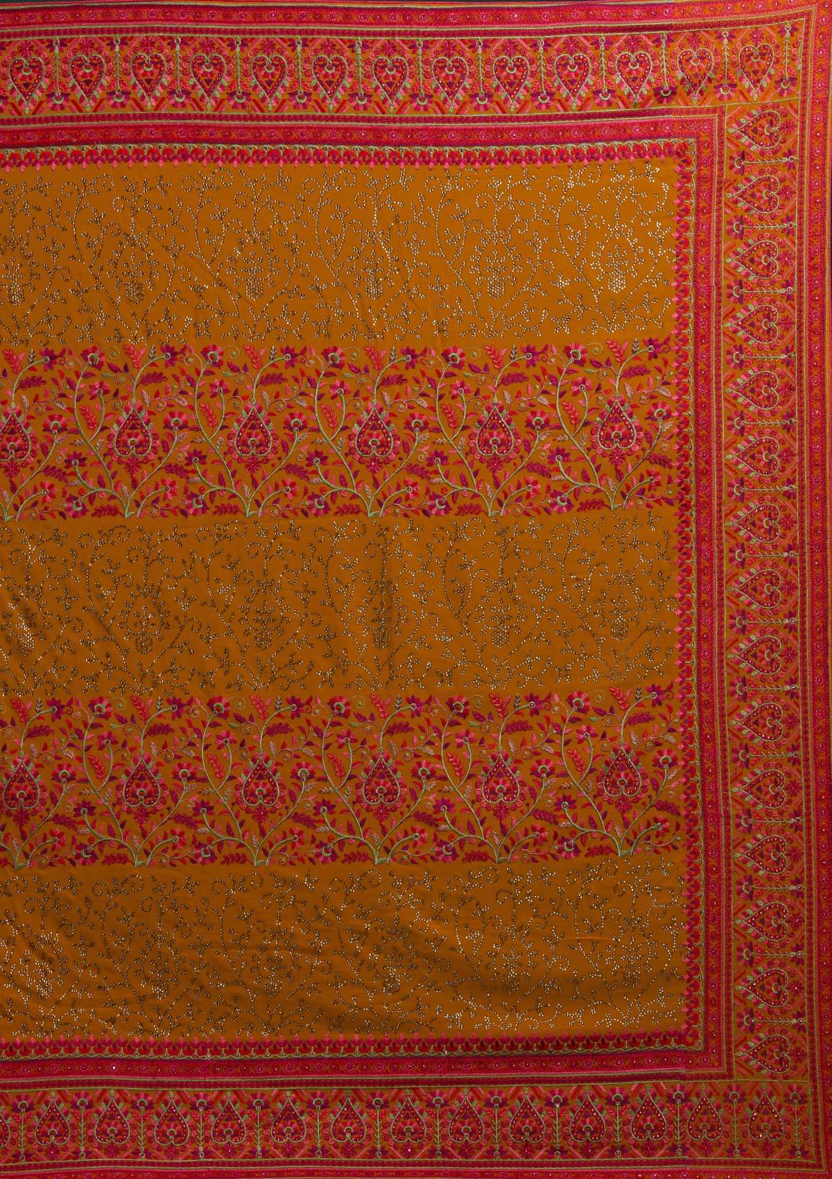 Mustard Threadwork Georgette Designer Saree - Koskii