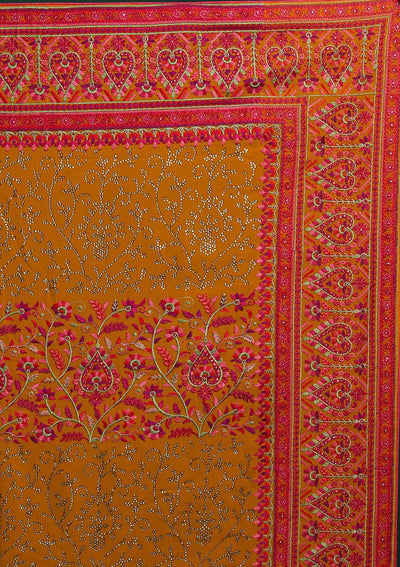 Mustard Threadwork Georgette Designer Saree - Koskii