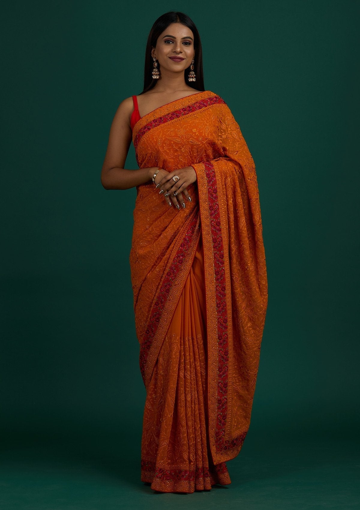 Mustard Threadwork Georgette Designer Saree- Koskii