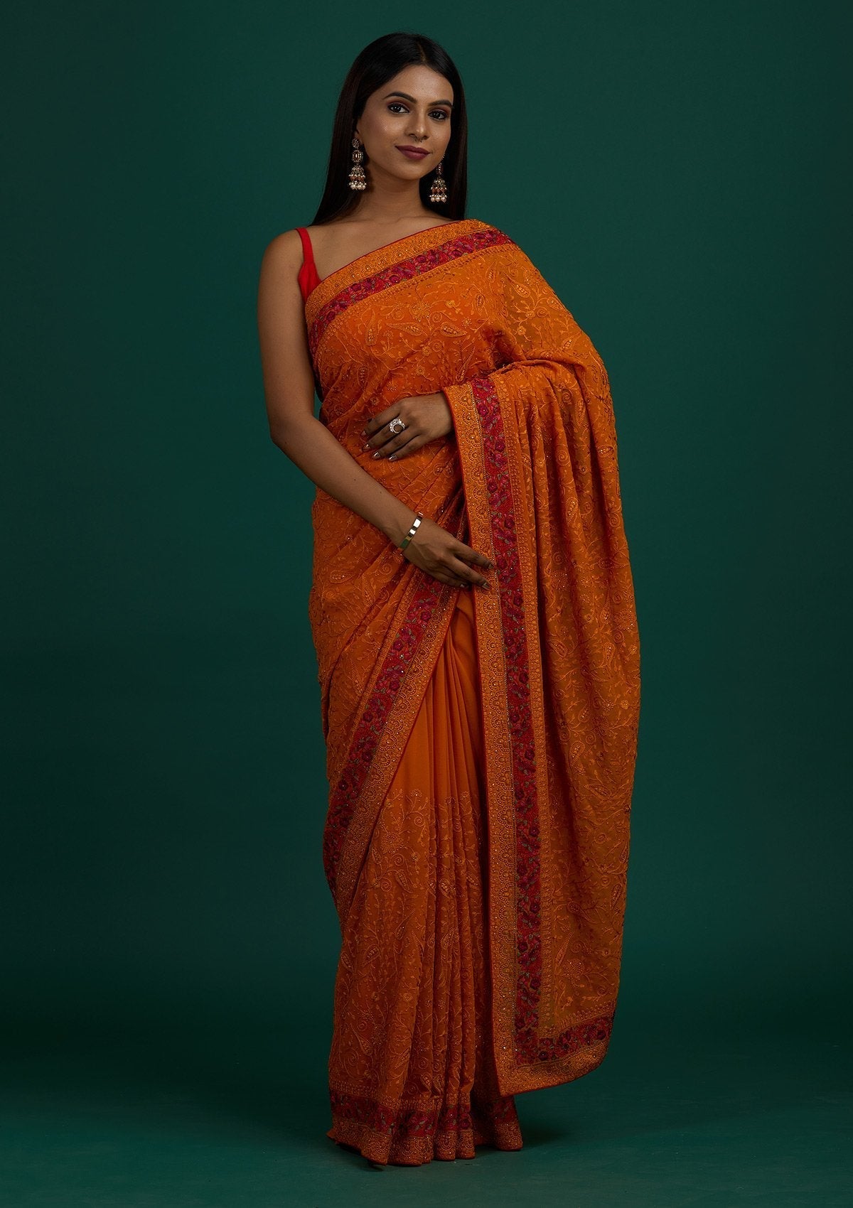 Mustard Threadwork Georgette Designer Saree - Koskii