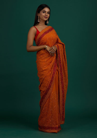 Mustard Threadwork Georgette Designer Saree - Koskii