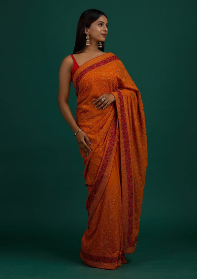 Mustard Threadwork Georgette Designer Saree - Koskii