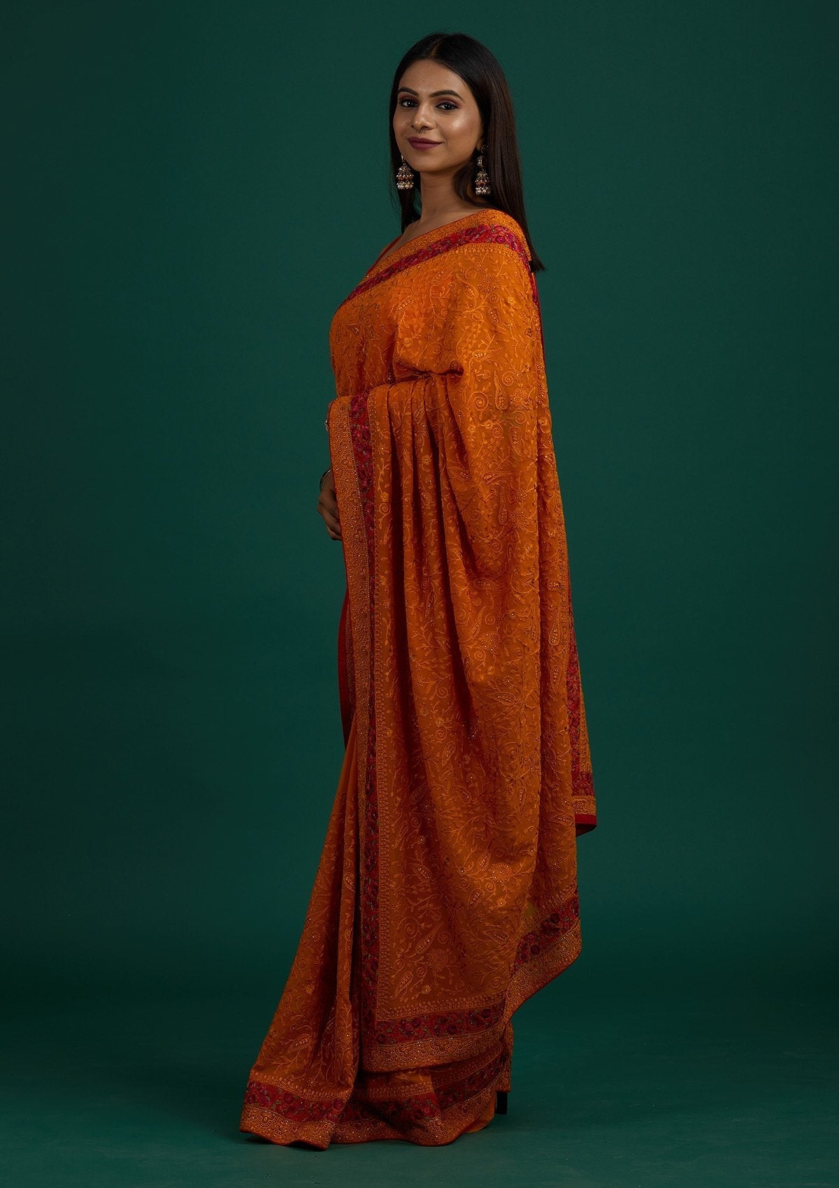 Mustard Threadwork Georgette Designer Saree - Koskii