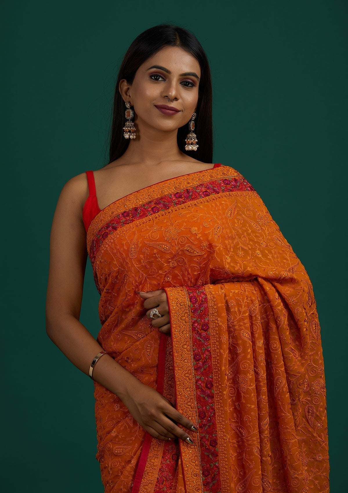Mustard Threadwork Georgette Designer Saree - Koskii