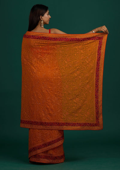 Mustard Threadwork Georgette Designer Saree - Koskii