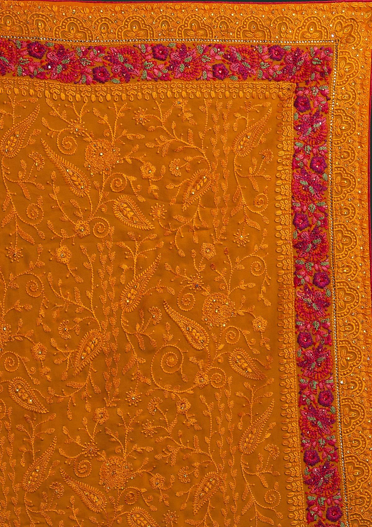 Mustard Threadwork Georgette Designer Saree - Koskii