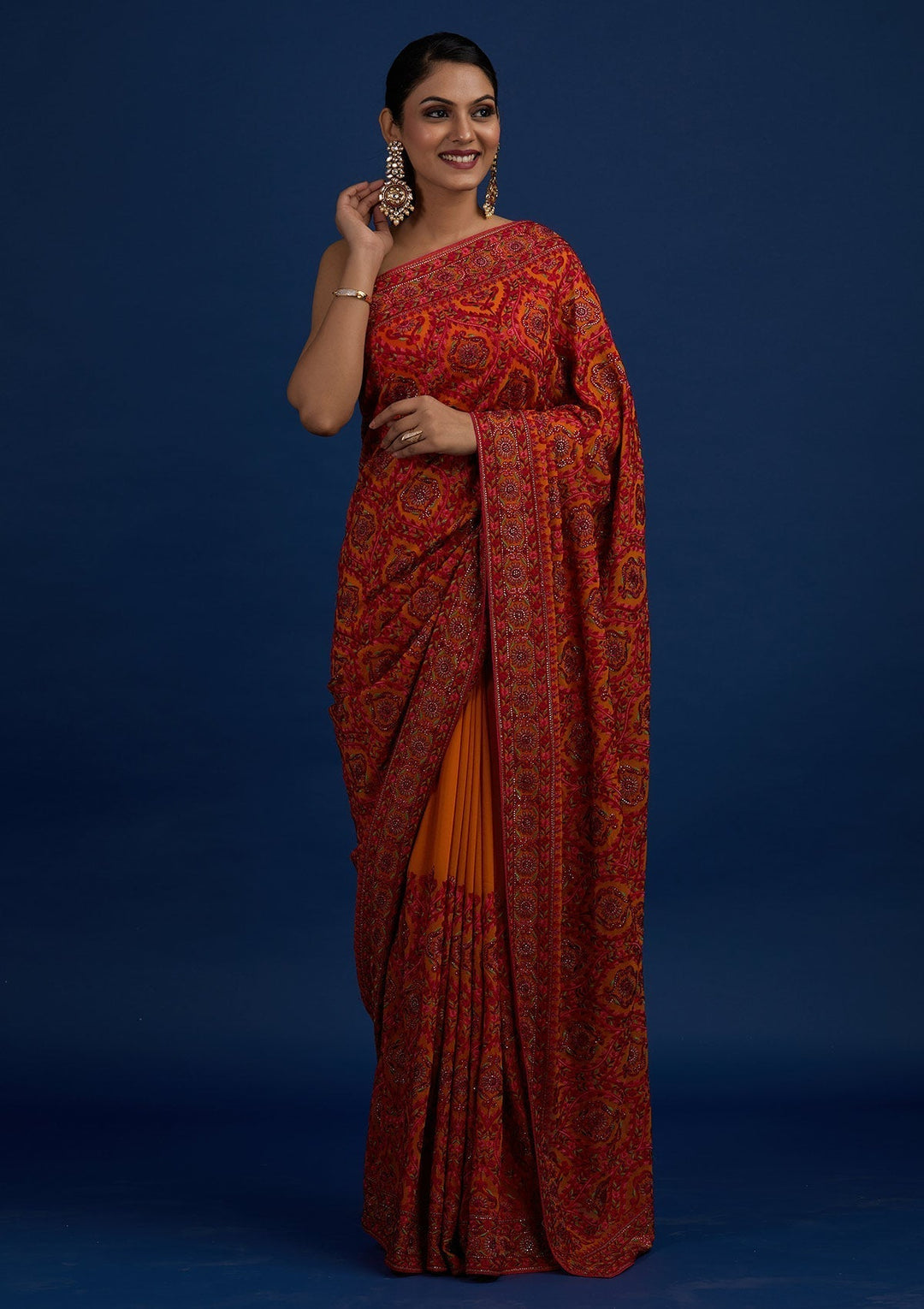 Mustard Threadwork Georgette Designer Saree - Koskii