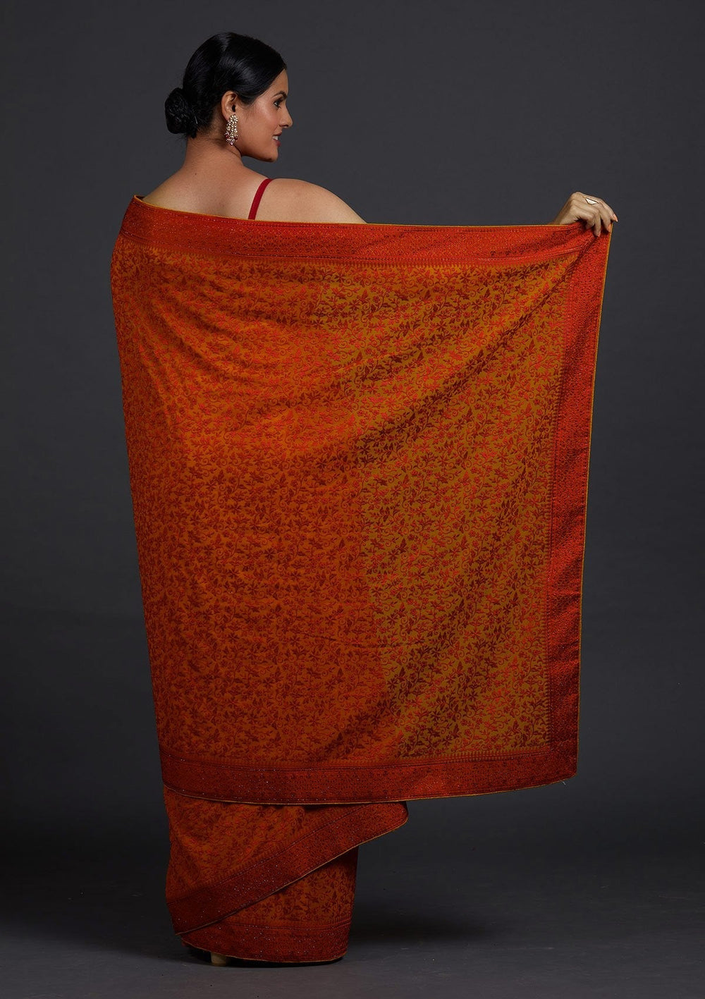 Mustard Threadwork Georgette Designer Saree - Koskii