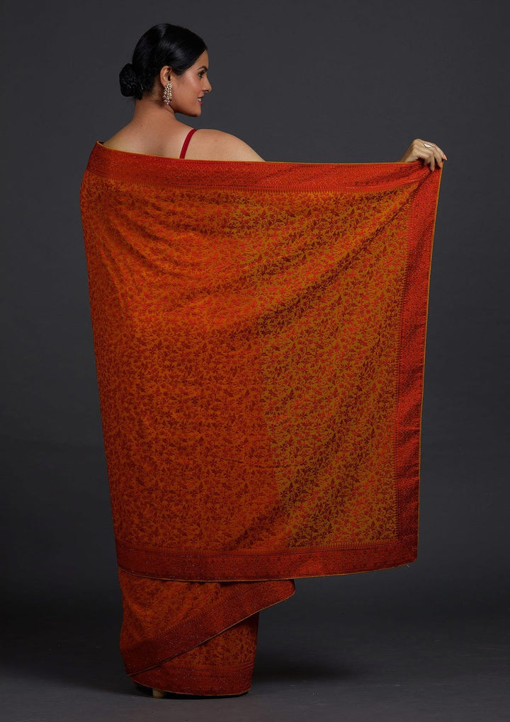 Mustard Threadwork Georgette Designer Saree - Koskii