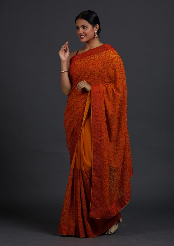 Mustard Threadwork Georgette Designer Saree - Koskii