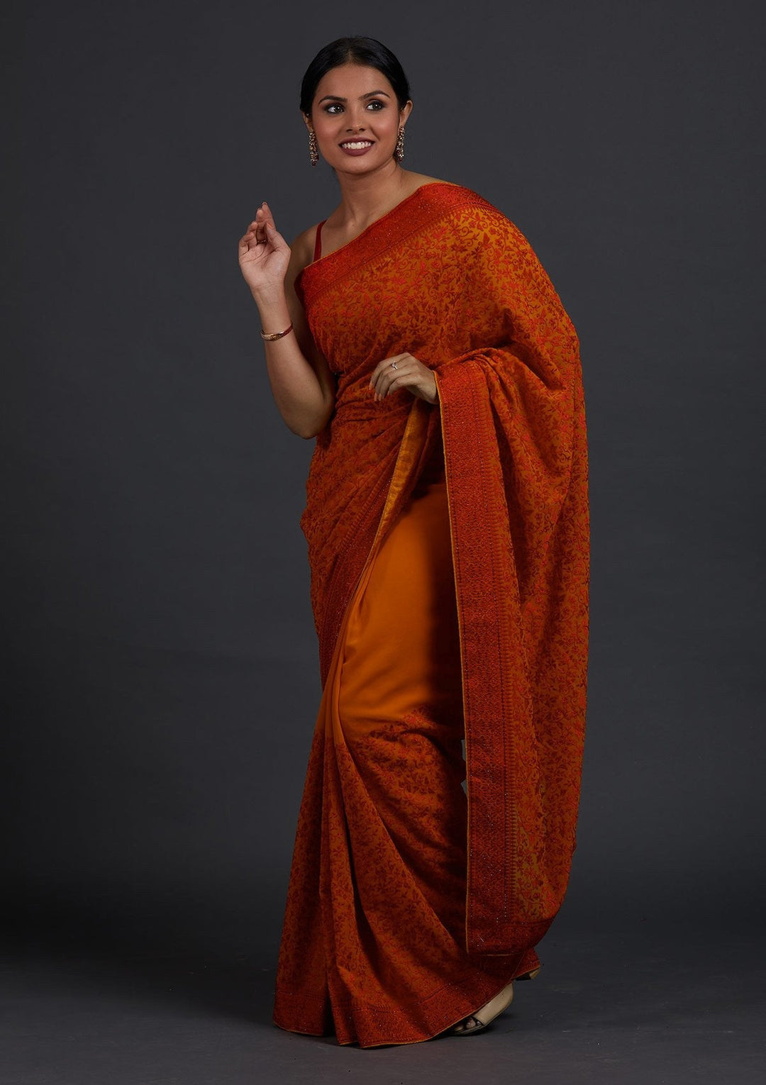Mustard Threadwork Georgette Designer Saree - Koskii