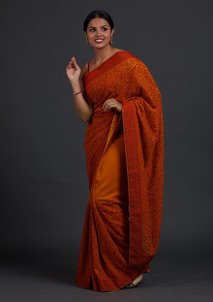 Mustard Threadwork Georgette Designer Saree - Koskii