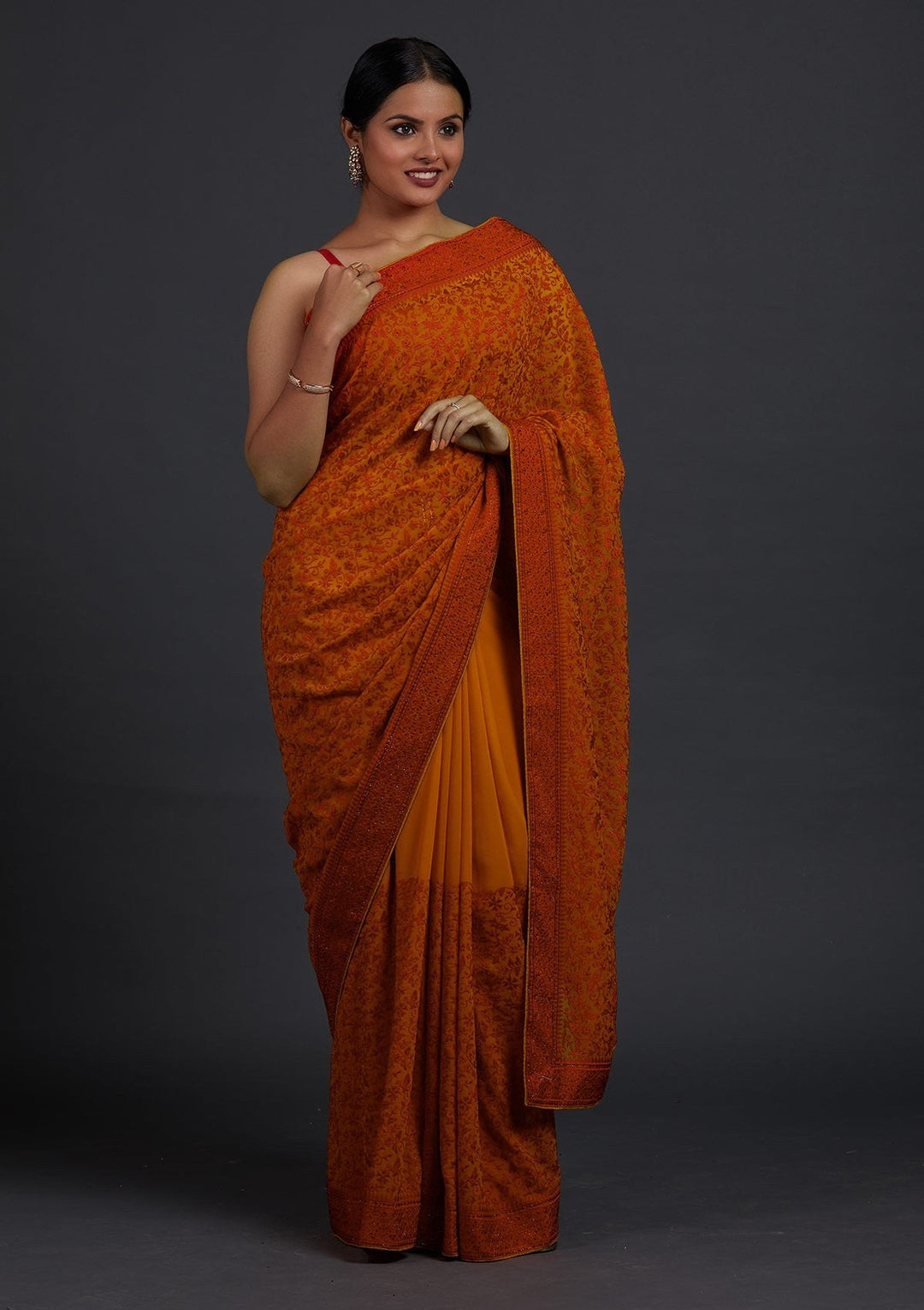 Mustard Threadwork Georgette Designer Saree - Koskii