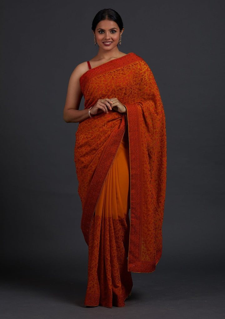 Mustard Threadwork Georgette Designer Saree - Koskii