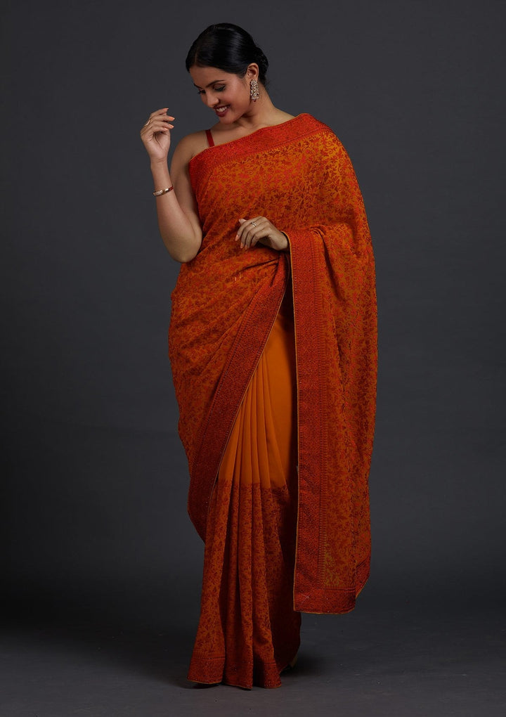 Mustard Threadwork Georgette Designer Saree - Koskii