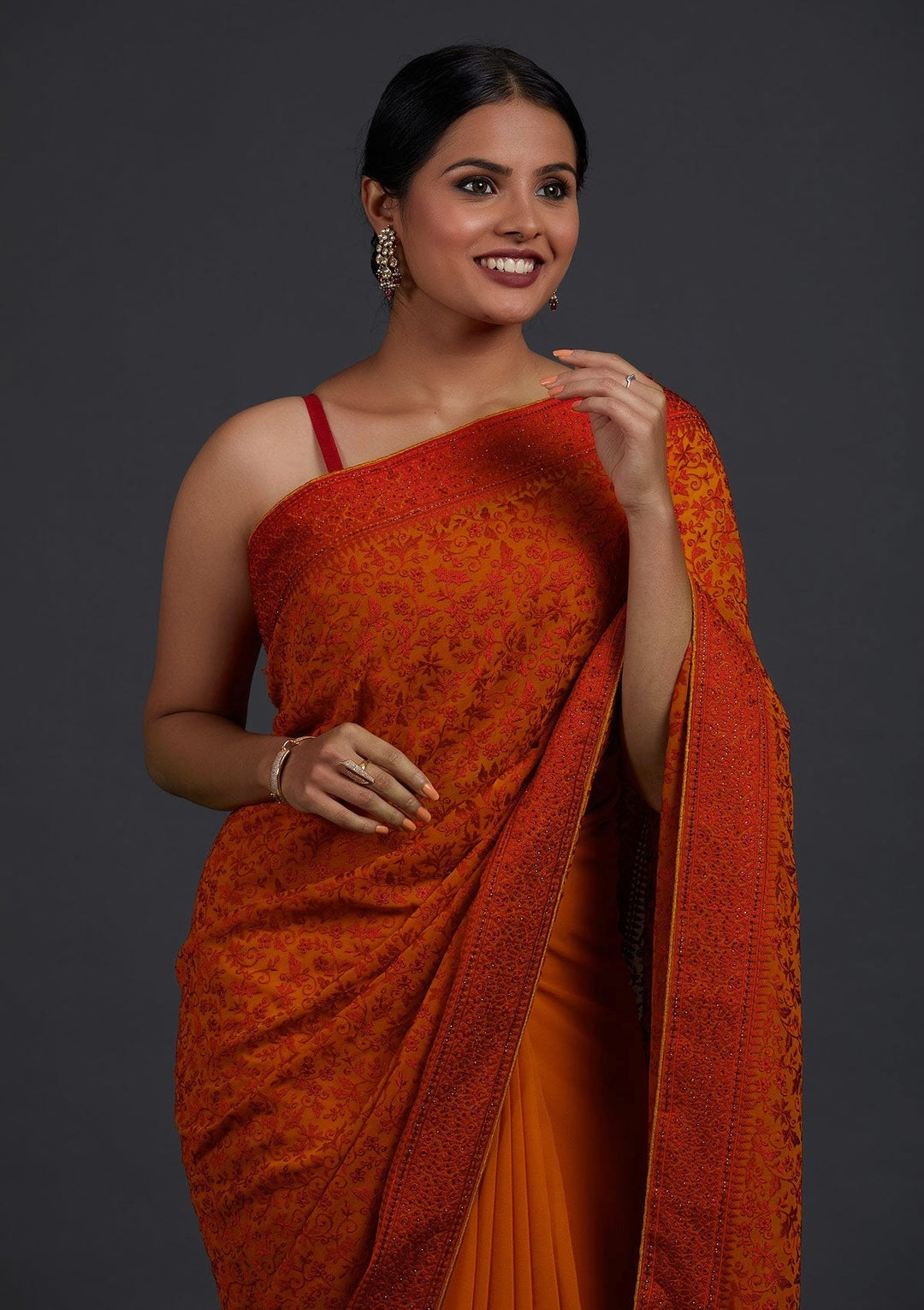 Mustard Threadwork Georgette Designer Saree - Koskii