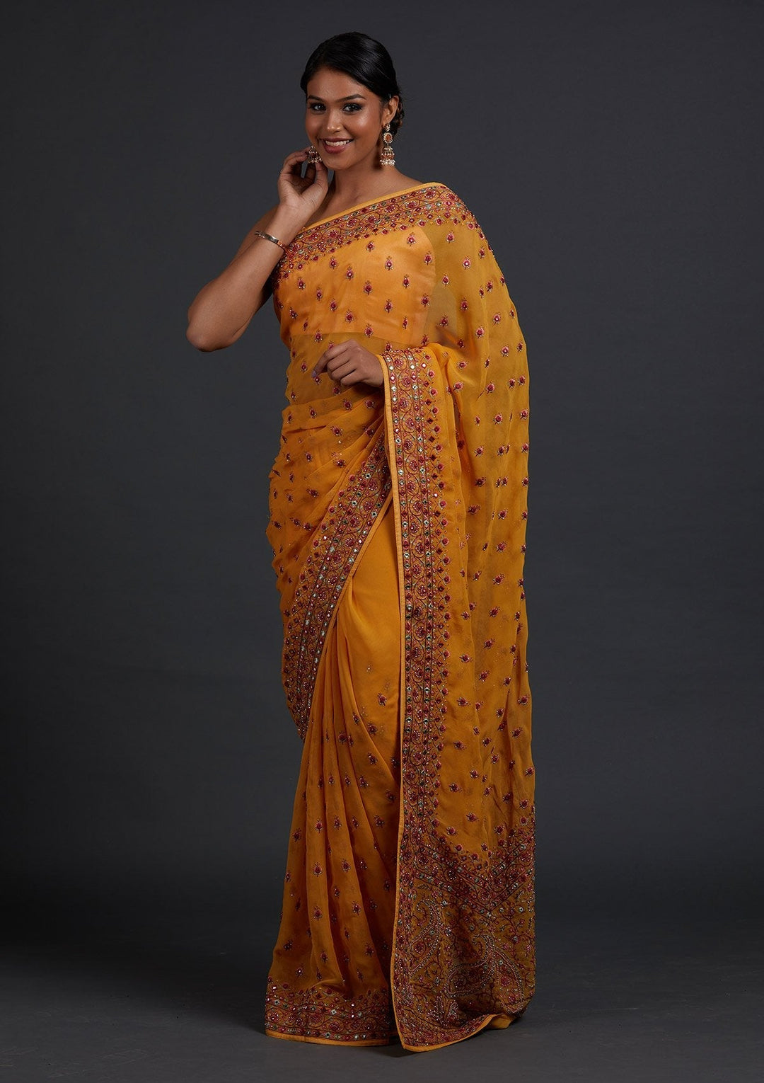 Mustard Threadwork Georgette Designer Saree - Koskii